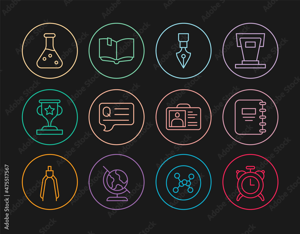 Set line Alarm clock, Notebook, Fountain pen nib, Speech bubbles with Question, Award cup, Test tube, Identification badge and Open icon. Vector Set line Alarm clock, Notebook, Fountain pen nib, Speech bubbles with Question, Award cup, Test tube, Identification badge and Open icon. Vector