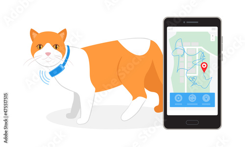 GPS tracker for walking a cat. A smartphone with a city map shows the movement of pets. A pet tracking app. Vector flat trend illustration on white background.