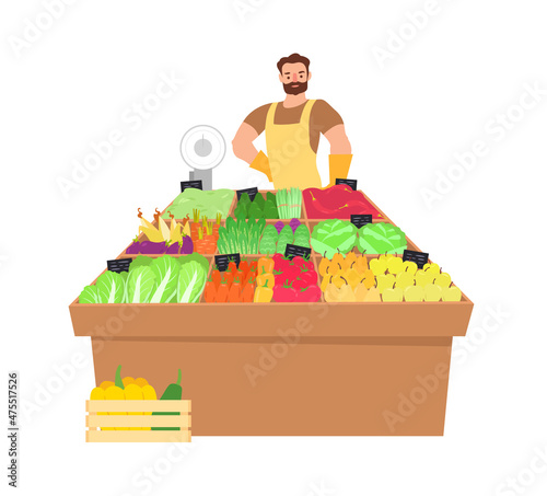 Seller of fresh vegetables and fruits. A street stall with farm vegetables and fruits. Farm food. Vector illustration on a white background. photo