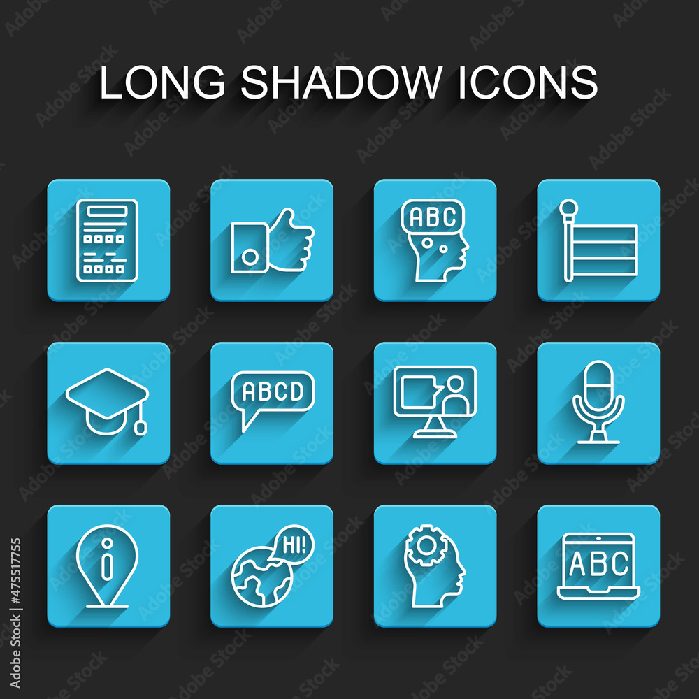 Set line Information, Learning foreign languages, Exam sheet, Head with gear inside, Foreign online study, Alphabet, Microphone voice device and icon. Vector Set line Information, Learning foreign languages, Exam sheet, Head with gear inside, Foreign online study, Alphabet, Microphone voice device and icon. Vector