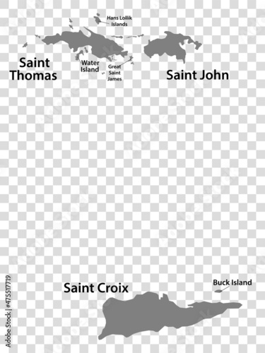 Blank map United States Virgin Islands in gray. Every Island map is with titles. High quality map of Virgin Islands on transparent background for your design. Caribbean. EPS10. 