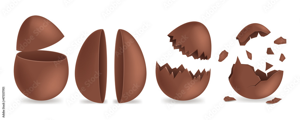 Fototapeta premium Realistic chocolate eggs broken, halves and whole, vector illustration isolated. Sweet easter holiday symbol. Vector dessert made of dark cocoa.