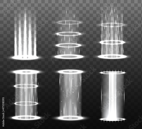 Teleport light effects vector illustration, various sci-fi or magical portals isolated on a transparency background. White energy circles and rays on. Level up effect.