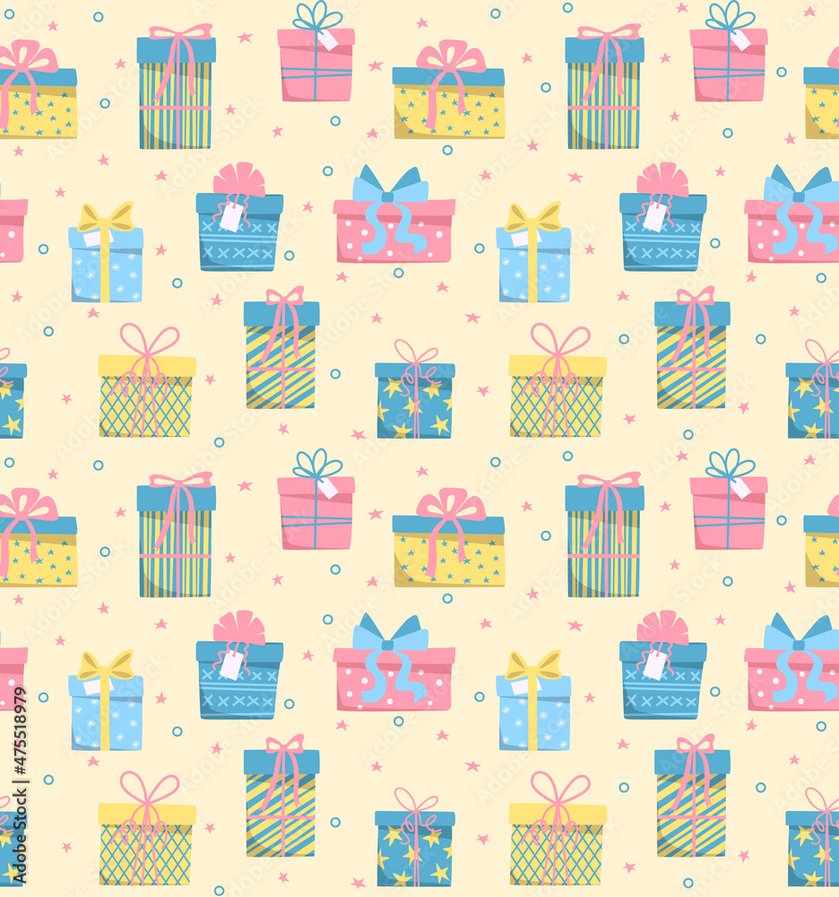 Seamless pattern with boxes of gifts of pink and blue colors. Delicate vector image on a beige background in flat style. Seamless pattern with boxes of gifts of pink and blue colors. Delicate vector image on a beige background in flat style.