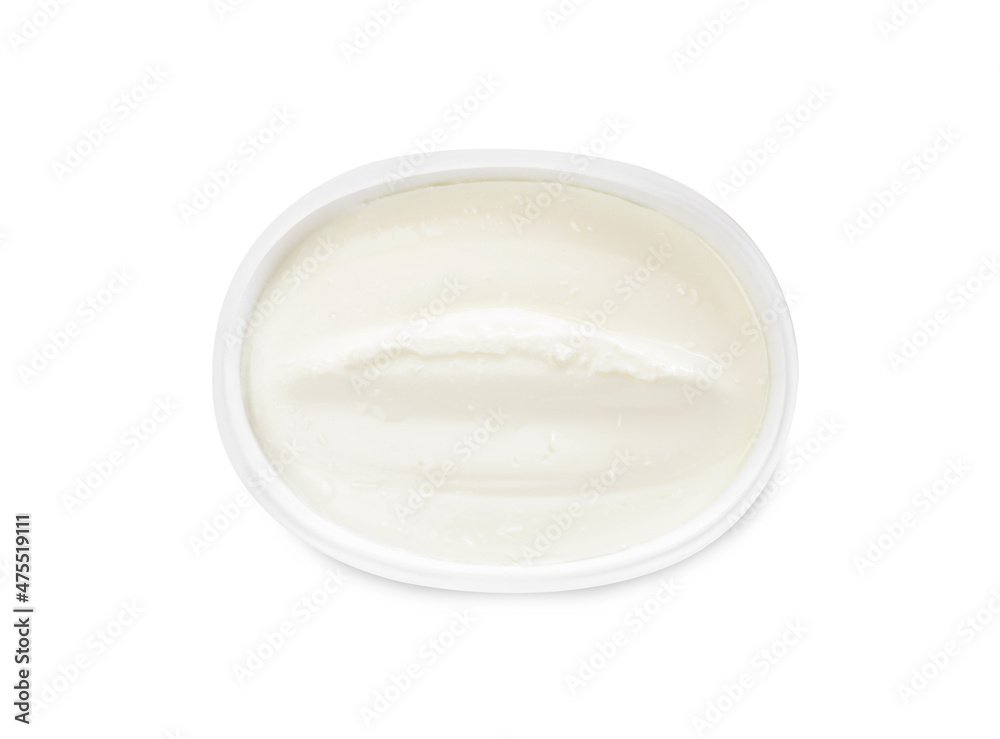 Plastic container of tasty cream cheese isolated on white, top view Plastic container of tasty cream cheese isolated on white, top view