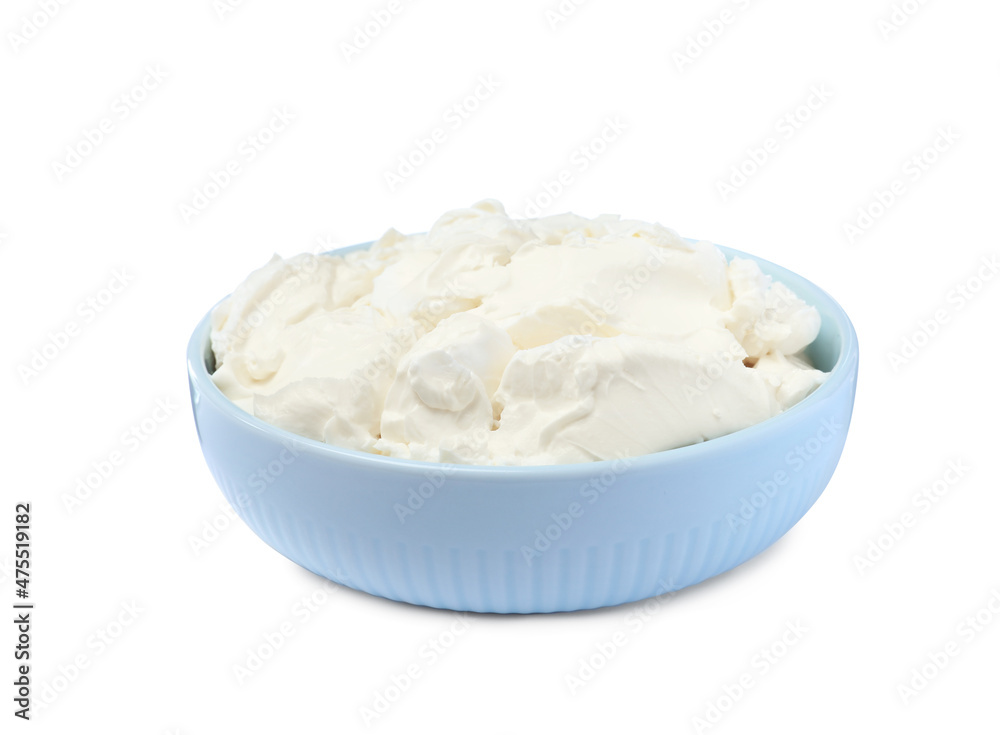 Bowl of tasty cream cheese isolated on white Bowl of tasty cream cheese isolated on white