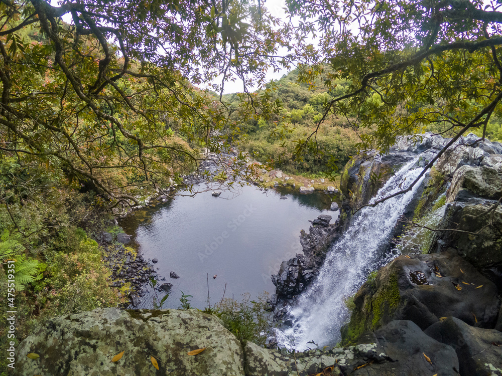 Reunion island waterfall and bassin surounding by tropical forest Reunion island waterfall and bassin surounding by tropical forest