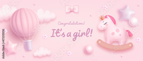 Baby shower horizontal banner with cartoon horse, hot air balloon, helium balloons and flowers on pink background. It's a girl. Vector illustration
