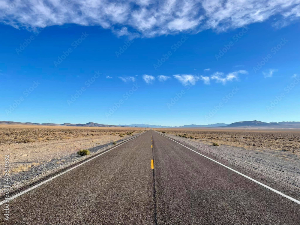 Beautiful panoramic view of a deserted and endless road through the mountains, Nevada, United States.