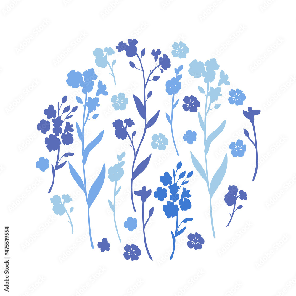 Decorative botanical round frame, silhouette myosotis isolated on white background, Forget-me-not flower backdrop, hand drawn doodle illustration, wild flower, floral design for greeting card Decorative botanical round frame, silhouette myosotis isolated on white background, Forget-me-not flower backdrop, hand drawn doodle illustration, wild flower, floral design for greeting card