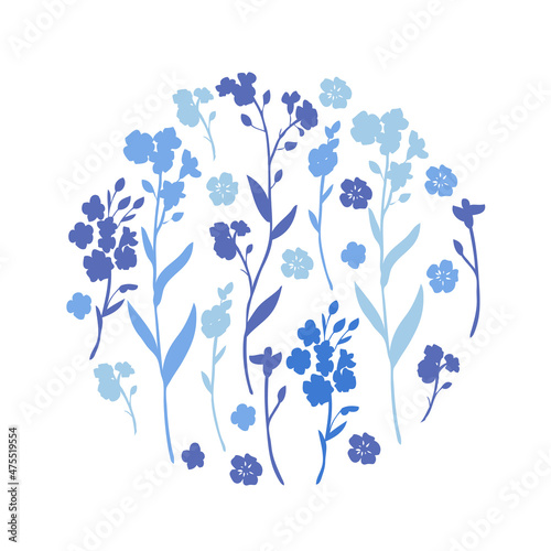 Decorative botanical round frame, silhouette myosotis isolated on white background, Forget-me-not flower backdrop, hand drawn doodle illustration, wild flower, floral design for greeting card