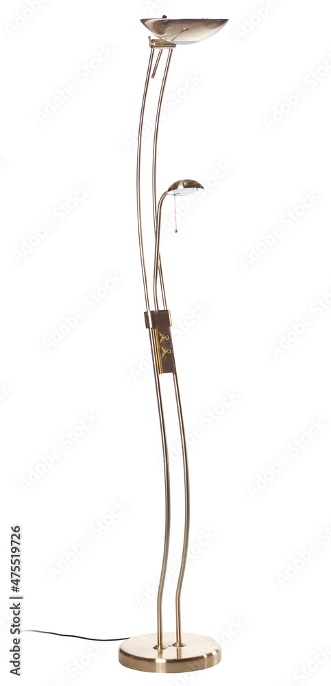 gold uplighter torchiere floor lamp with shade and golden small reading light isolated on white background gold uplighter torchiere floor lamp with shade and golden small reading light isolated on white background