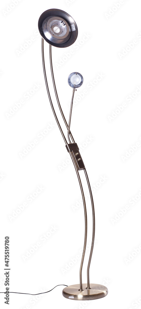 curved nickel uplighter torchiere floor lamp with shade and small reading light isolated on white background curved nickel uplighter torchiere floor lamp with shade and small reading light isolated on white background