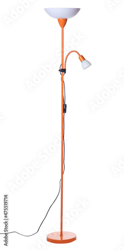 orange uplighter torchiere floor lamp with shade and  small reading light isolated on white background
