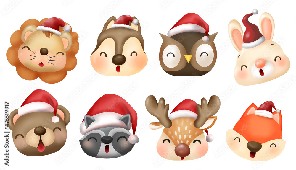 Animals face with Christmas Hat or Santa hat Watercolor Vector Animals face with Christmas Hat or Santa hat Watercolor Vector