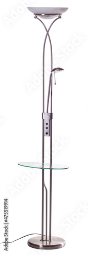 aluminum silver uplighter torchiere floor lamp with glass table shelf, shade and small reading light isolated on white background