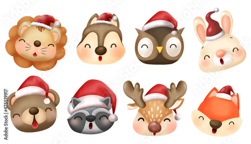 Animals face with Christmas Hat or Santa hat Watercolor Vector