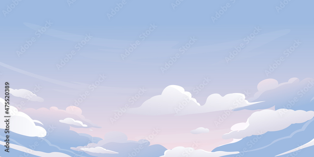 Vector pink sky clouds. Anime clean style. Vector evening sky clouds. Sunset.