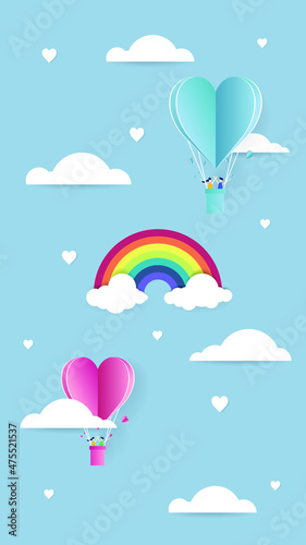 Valentines day greetings card with balloons flying with clouds vector.Heart hot air balloon flying.Love background.Cute paper cut design.posters,rainbow,gift box.Paper cut style.Space for your text.