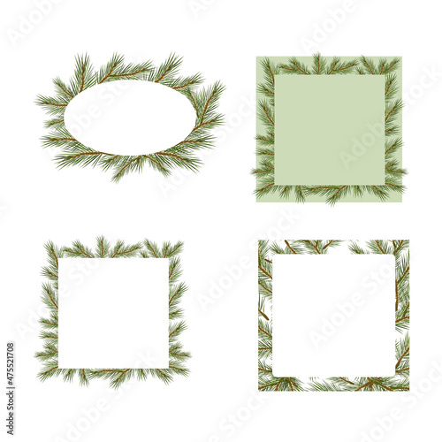 Seth Christmas frames from pine branches. The square, round, frame is framed with fir branches. Vector illustration. Template for a postcard, banner, flyer. Festive decor. Place for text