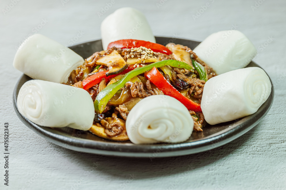 gochu japchae, Korean stirfried chili peppers and beef Stock Photo