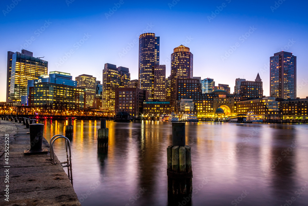 Boston in Massachusetts, USA at Boston Harbor and Financial District.