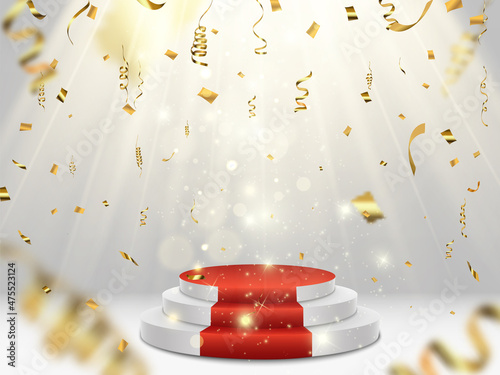 GOLD confetti fall on the podium. Realistic white podium with spotlights. First place. Vector illustration of a holiday.	