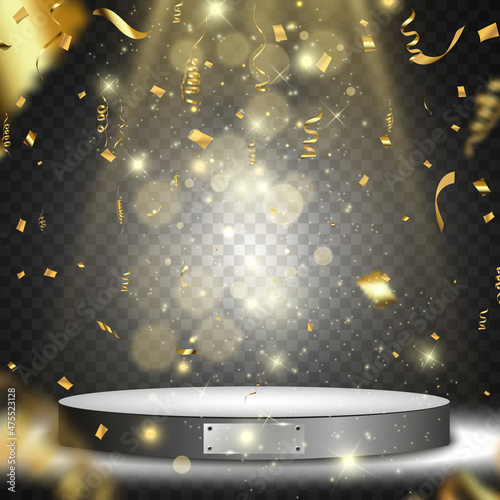 GOLD confetti fall on the podium. Realistic white podium with spotlights. First place. Vector illustration of a holiday.	
