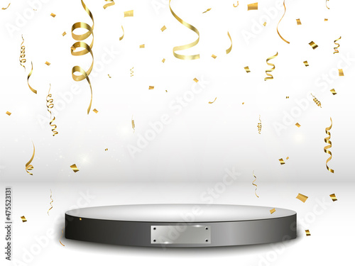 GOLD confetti fall on the podium. Realistic white podium with spotlights. First place. Vector illustration of a holiday. 