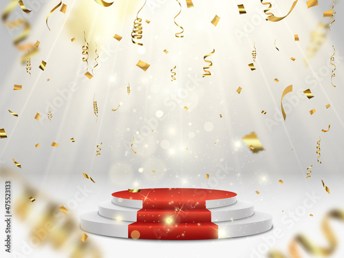 GOLD confetti fall on the podium. Realistic white podium with spotlights. First place. Vector illustration of a holiday.	