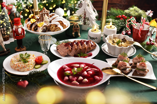 Traditional Christmas Eve dishes on festive table
