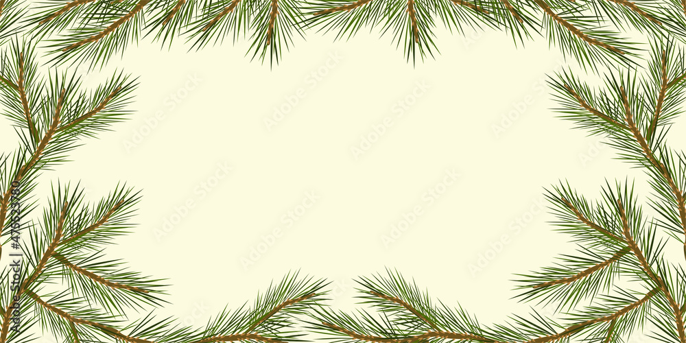 Frame made of pine branches. Winter vector illustration cartoon style. Branches of a Christmas tree needles square frame. Empty space for text.
Frame made of pine branches. Winter vector illustration cartoon style. Branches of a Christmas tree needles square frame. Empty space for text.