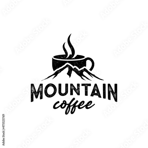 vintage mountain coffee logo template with cup. Mountains illustration isolated on white background