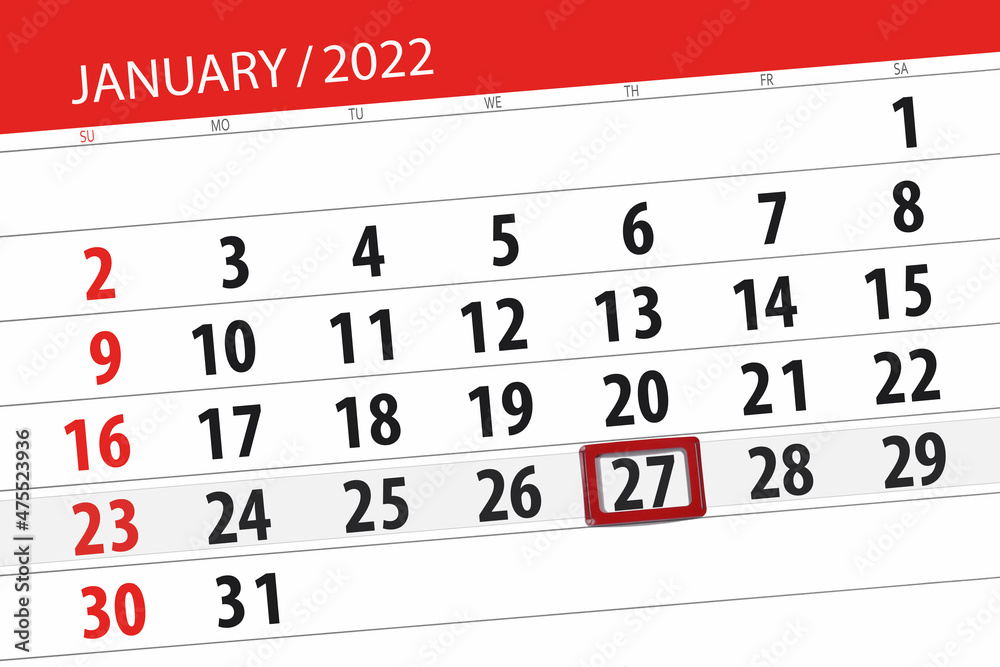 Fototapeta premium Calendar planner for the month january 2022, deadline day, 27, thursday