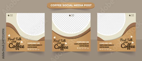 Set of coffee shop and cafe restaurant drink menu for social media post square  poster flyer banner template