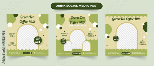 Set of bubble milk drink shop and cafe restaurant menu for social media post square poster flyer banner template