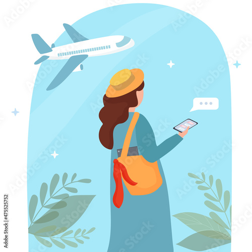 A girl at the airport with a cell phone in her hands. Communicating in social networks and messengers via video call. Mobile applications and Internet technology. flat vector
