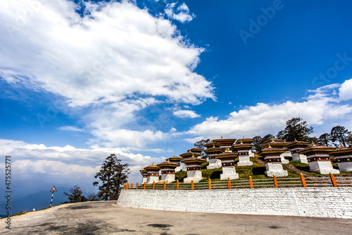 Dochu la chortens or stupas on top of the Dochula Pass in the Himalayas in Western Bhutan, Asia photo