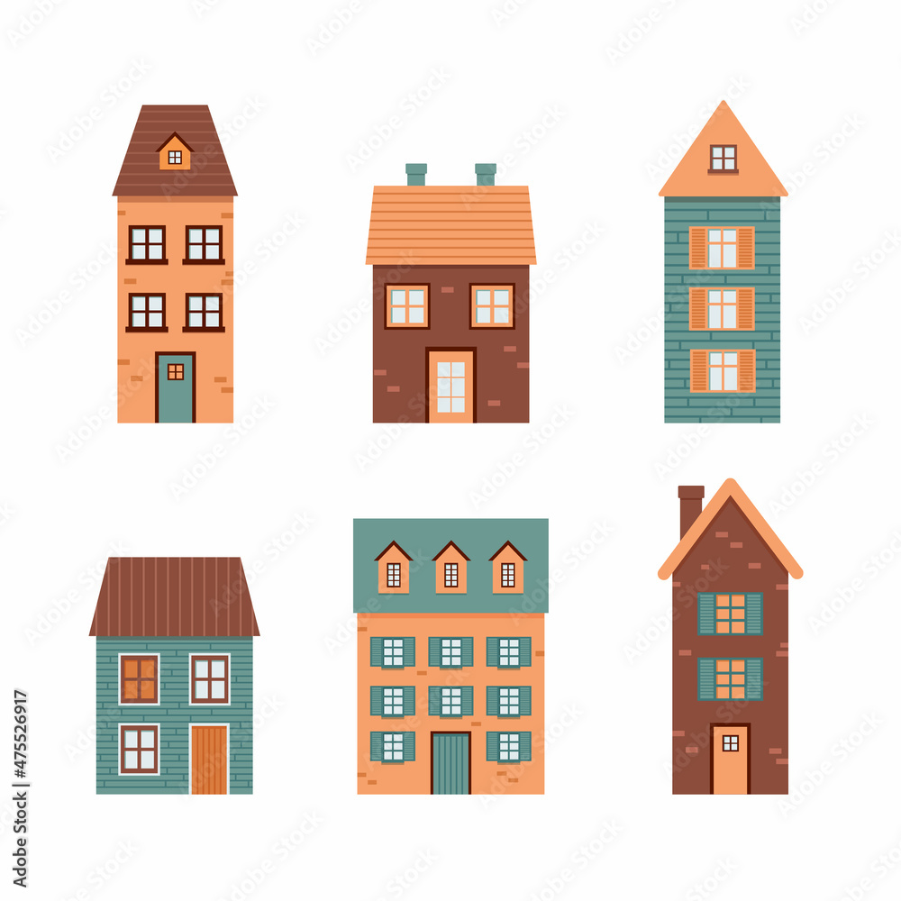 Cute various houses front view set.Home facade with doors, windows and roof. Vector illustration cartoon flat style.