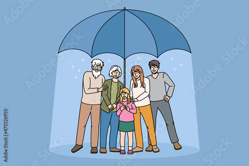Protection of family and care concept. Big happy family mother father daughter and grandparents standing hugging under huge umbrella feeling confident and positive vector illustration 