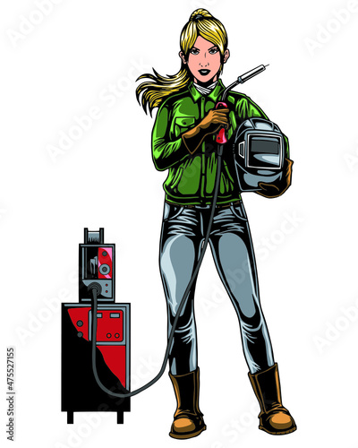 standing women welder with welding machine
