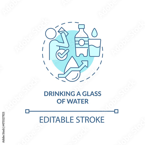 Drinking glass of water turquoise concept icon. Healthy morning habit abstract idea thin line illustration. Isolated outline drawing. Editable stroke. Roboto-Medium, Myriad Pro-Bold fonts used