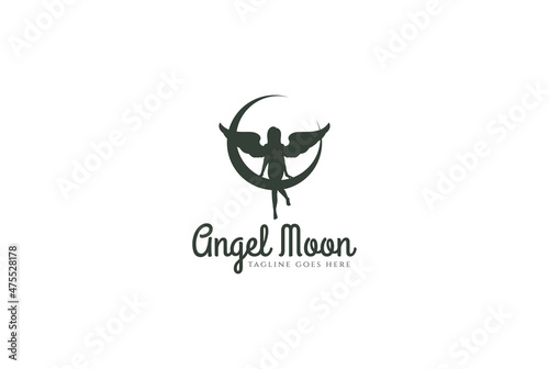 Simple Minimalist Angel Woman Lady Female Silhouette and Crescent Moon Logo Design Vector