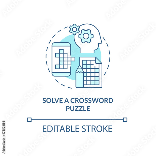 Solve crossword puzzle turquoise concept icon. Morning exercises for mind abstract idea thin line illustration. Isolated outline drawing. Editable stroke. Roboto-Medium, Myriad Pro-Bold fonts used