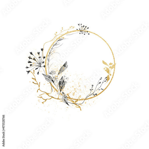 Watercolor floral bouquet border. Hand painted gold frame of forest greenery  wildflowers  herbs. Black leaves  fern isolated on white background. Botanical illustration for design print or background