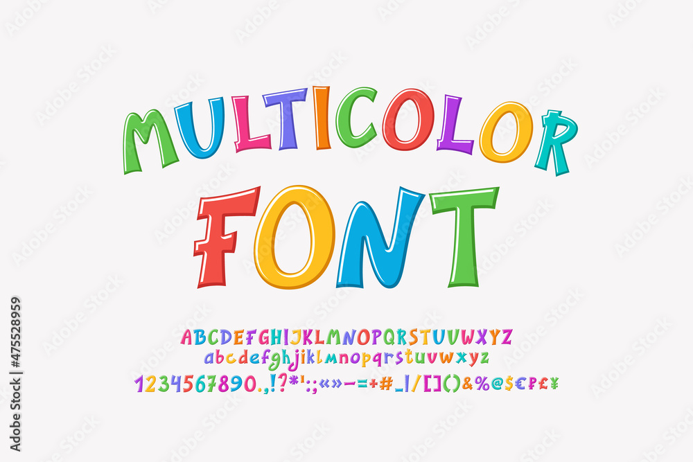 Cartoon multicolor font, uppercase and lowercase letters rainbow colors