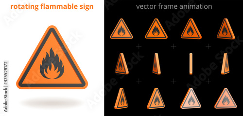 Fire danger. Rotating flammable sign. Vector frame sequence for GIF, flash, web animation. Sprite sheet with a looped motion. Animated 3D icon. Set of orange triangular stickers