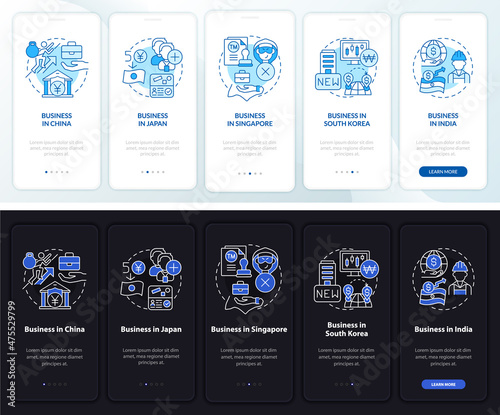 Countries for business night and day mode onboarding mobile app screen. Walkthrough 5 steps graphic instructions pages with linear concepts. UI, UX, GUI template. Myriad Pro-Bold, Regular fonts used