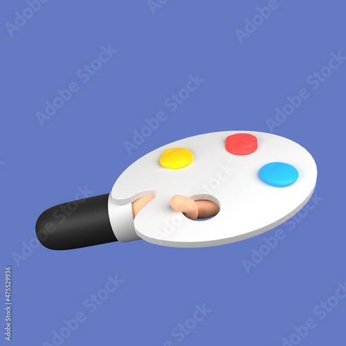 3d cartoon human hand holding painting color palette isolated on a purple background. 3d rendering illustration