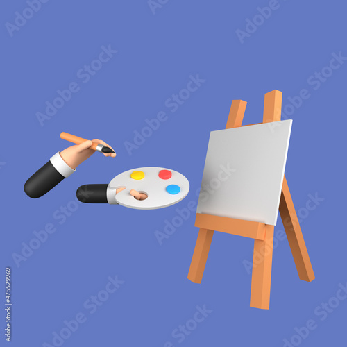 3d cartoon one hand holding a brush and the other hand holding a painting palette to paint on a blank canvas isolated on a purple background. 3d rendering illustration